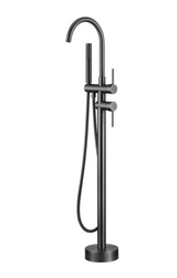 NoirLuxe Floor-Mounted Brass Bath Mixer Tap – Dual-Handle Black Freestanding Faucet with Hand Shower | 2-in-1 Hot & Cold Luxury Bathroom System