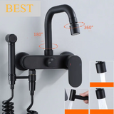 NoirFlow Wall-Mounted Mixer Tap – Matte Black Brass Faucet | 360° Swivel with Side Spray Attachment