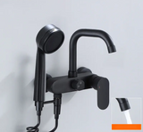 NoirFlow Wall-Mounted Mixer Tap – Matte Black Brass Faucet | 360° Swivel with Side Spray Attachment