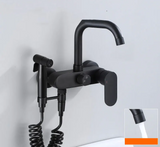 NoirFlow Wall-Mounted Mixer Tap – Matte Black Brass Faucet | 360° Swivel with Side Spray Attachment