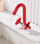 LuxeFlow Dual-Handle Brass Basin Mixer Tap – Rotatable Spout Bathroom Faucet with Ceramic Cartridge | Chrome Finish Luxury Sink Tap (Red & Green Accent Design)