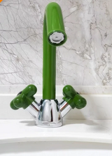LuxeFlow Dual-Handle Brass Basin Mixer Tap – Rotatable Spout Bathroom Faucet with Ceramic Cartridge | Chrome Finish Luxury Sink Tap (Red & Green Accent Design)