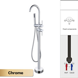 NoirLuxe Floor-Mounted Brass Bath Mixer Tap – Dual-Handle Black Freestanding Faucet with Hand Shower | 2-in-1 Hot & Cold Luxury Bathroom System