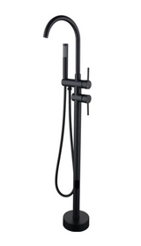NoirLuxe Floor-Mounted Brass Bath Mixer Tap – Dual-Handle Black Freestanding Faucet with Hand Shower | 2-in-1 Hot & Cold Luxury Bathroom System