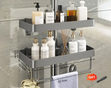 AeroMount Shower Storage Shelf – Drill-Free Aluminium Bathroom Organiser | Double Layer Caddy with Towel Rail