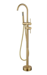 NoirLuxe Floor-Mounted Brass Bath Mixer Tap – Dual-Handle Black Freestanding Faucet with Hand Shower | 2-in-1 Hot & Cold Luxury Bathroom System