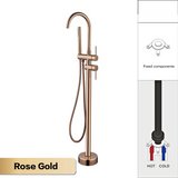 NoirLuxe Floor-Mounted Brass Bath Mixer Tap – Dual-Handle Black Freestanding Faucet with Hand Shower | 2-in-1 Hot & Cold Luxury Bathroom System
