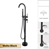 NoirLuxe Floor-Mounted Brass Bath Mixer Tap – Dual-Handle Black Freestanding Faucet with Hand Shower | 2-in-1 Hot & Cold Luxury Bathroom System