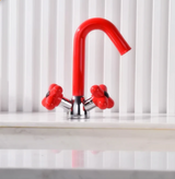 LuxeFlow Dual-Handle Brass Basin Mixer Tap – Rotatable Spout Bathroom Faucet with Ceramic Cartridge | Chrome Finish Luxury Sink Tap (Red & Green Accent Design)