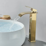 GoldenVista Waterfall Bathroom Faucet – Brushed Gold Basin Mixer Tap | Single Handle Sink Faucet | Modern Deck-Mounted Vanity Faucet
