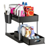 GlideVault Pull-Out Cabinet Organiser – Expandable 2-Tier Under Sink Storage Rack with Hooks & Utility Cup