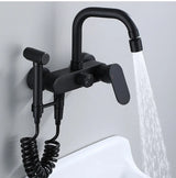 NoirFlow Wall-Mounted Mixer Tap – Matte Black Brass Faucet | 360° Swivel with Side Spray Attachment