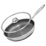 HexaForge Hybrid Frying Pan – Stainless Steel Skillet with Honeycomb Surface & Glass Lid | Induction Ready Cookware