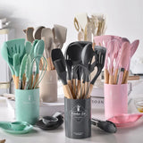 MaisonChef Silicone Utensil Set – 12-Piece Wooden Handle Cooking Tools | Heat-Resistant Kitchen Essentials
