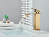 GoldenVista Waterfall Bathroom Faucet – Brushed Gold Basin Mixer Tap | Single Handle Sink Faucet | Modern Deck-Mounted Vanity Faucet