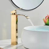 GoldenVista Waterfall Bathroom Faucet – Brushed Gold Basin Mixer Tap | Single Handle Sink Faucet | Modern Deck-Mounted Vanity Faucet