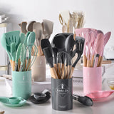CulinaryCraft Silicone Utensil Collection – 12-Piece Kitchen Tool Set with Wooden Handles | Heat-Resistant Cookware Essentials