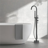 NoirLuxe Floor-Mounted Brass Bath Mixer Tap – Dual-Handle Black Freestanding Faucet with Hand Shower | 2-in-1 Hot & Cold Luxury Bathroom System
