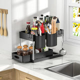 GlideVault Pull-Out Cabinet Organiser – Expandable 2-Tier Under Sink Storage Rack with Hooks & Utility Cup