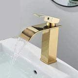 GoldenVista Waterfall Bathroom Faucet – Brushed Gold Basin Mixer Tap | Single Handle Sink Faucet | Modern Deck-Mounted Vanity Faucet