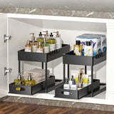 GlideVault Pull-Out Cabinet Organiser – Expandable 2-Tier Under Sink Storage Rack with Hooks & Utility Cup