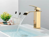 GoldenVista Waterfall Bathroom Faucet – Brushed Gold Basin Mixer Tap | Single Handle Sink Faucet | Modern Deck-Mounted Vanity Faucet