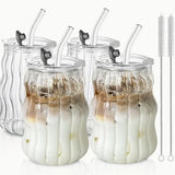 VetroSip Ribbed Glass Tumblers with Straws & Lids – Set of 2 or 4 | Reusable Clear Drinking Glasses | Modern Drinkware Set