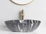 MarbleLuxe Ovalis Vessel Sink – Marble Pattern Ceramic Countertop Basin