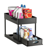 GlideVault Pull-Out Cabinet Organiser – Expandable 2-Tier Under Sink Storage Rack with Hooks & Utility Cup