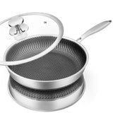 HexaForge Hybrid Frying Pan – Stainless Steel Skillet with Honeycomb Surface & Glass Lid | Induction Ready Cookware