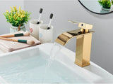GoldenVista Waterfall Bathroom Faucet – Brushed Gold Basin Mixer Tap | Single Handle Sink Faucet | Modern Deck-Mounted Vanity Faucet