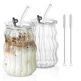 VetroSip Ribbed Glass Tumblers with Straws & Lids – Set of 2 or 4 | Reusable Clear Drinking Glasses | Modern Drinkware Set