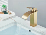 GoldenVista Waterfall Bathroom Faucet – Brushed Gold Basin Mixer Tap | Single Handle Sink Faucet | Modern Deck-Mounted Vanity Faucet