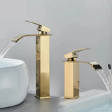 GoldenVista Waterfall Bathroom Faucet – Brushed Gold Basin Mixer Tap | Single Handle Sink Faucet | Modern Deck-Mounted Vanity Faucet