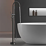 NoirLuxe Floor-Mounted Brass Bath Mixer Tap – Dual-Handle Black Freestanding Faucet with Hand Shower | 2-in-1 Hot & Cold Luxury Bathroom System