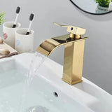 GoldenVista Waterfall Bathroom Faucet – Brushed Gold Basin Mixer Tap | Single Handle Sink Faucet | Modern Deck-Mounted Vanity Faucet