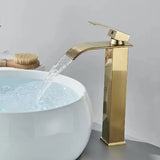 GoldenVista Waterfall Bathroom Faucet – Brushed Gold Basin Mixer Tap | Single Handle Sink Faucet | Modern Deck-Mounted Vanity Faucet