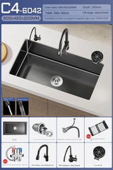 NoirCascade Waterfall Kitchen Sink Set – Black Stainless Steel Undermount Sink | Luxury Single Bowl Workstation