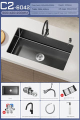 NoirCascade Waterfall Kitchen Sink Set – Black Stainless Steel Undermount Sink | Luxury Single Bowl Workstation