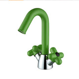 LuxeFlow Dual-Handle Brass Basin Mixer Tap – Rotatable Spout Bathroom Faucet with Ceramic Cartridge | Chrome Finish Luxury Sink Tap (Red & Green Accent Design)