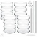 Heritage Ribbed Glass Tumbler Set – 4 Vintage-Style Drinking Glasses with Straws | Clear Textured Glassware | Party Drinkware Set