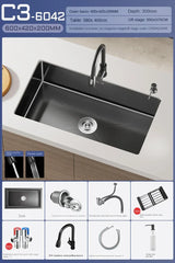 NoirCascade Waterfall Kitchen Sink Set – Black Stainless Steel Undermount Sink | Luxury Single Bowl Workstation
