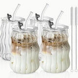 VetroSip Ribbed Glass Tumblers with Straws & Lids – Set of 2 or 4 | Reusable Clear Drinking Glasses | Modern Drinkware Set