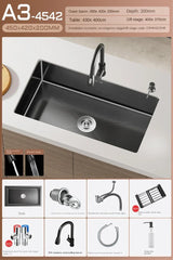 NoirCascade Waterfall Kitchen Sink Set – Black Stainless Steel Undermount Sink | Luxury Single Bowl Workstation