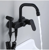 NoirFlow Wall-Mounted Mixer Tap – Matte Black Brass Faucet | 360° Swivel with Side Spray Attachment