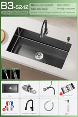NoirCascade Waterfall Kitchen Sink Set – Black Stainless Steel Undermount Sink | Luxury Single Bowl Workstation
