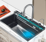 NoirFlow Smart Kitchen Sink Station – Gunmetal Stainless Steel Waterfall Sink | Digital Display Workstation Basin