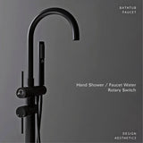 NoirLuxe Floor-Mounted Brass Bath Mixer Tap – Dual-Handle Black Freestanding Faucet with Hand Shower | 2-in-1 Hot & Cold Luxury Bathroom System