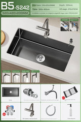 NoirCascade Waterfall Kitchen Sink Set – Black Stainless Steel Undermount Sink | Luxury Single Bowl Workstation