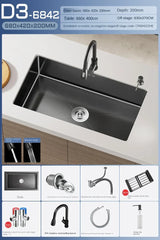 NoirCascade Waterfall Kitchen Sink Set – Black Stainless Steel Undermount Sink | Luxury Single Bowl Workstation